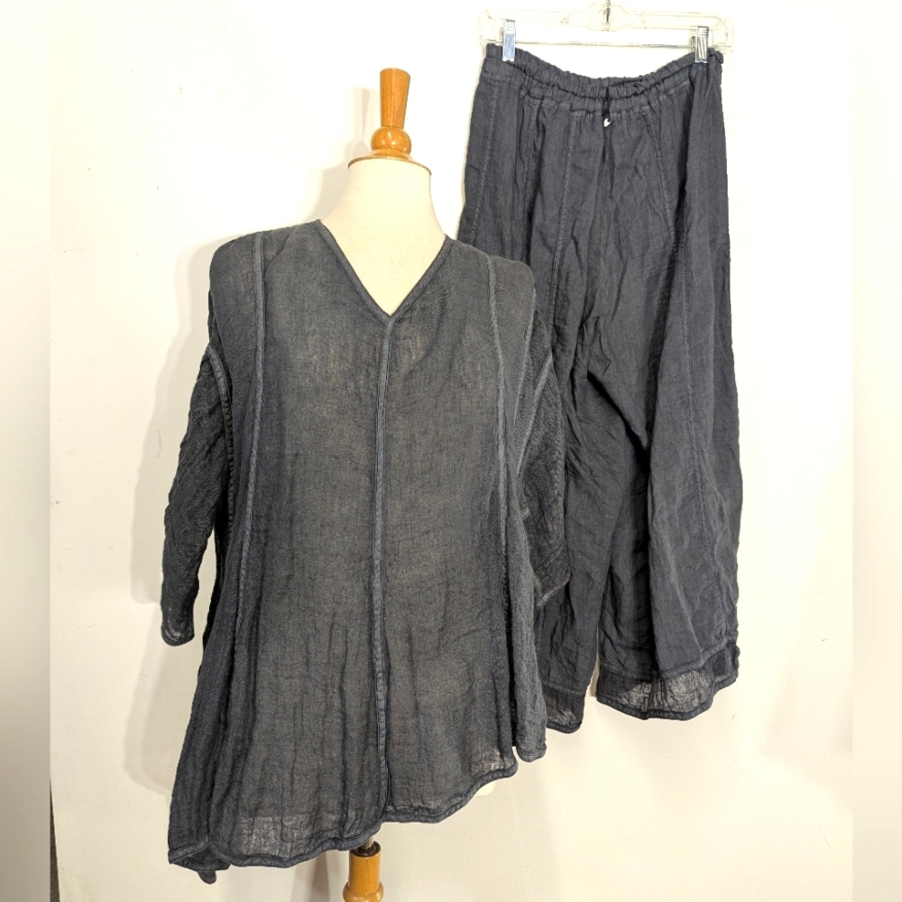 Cynthia Ashby Dark Gray V-Neck Top and Pants Set Linen Langenlook Art To Wear OS